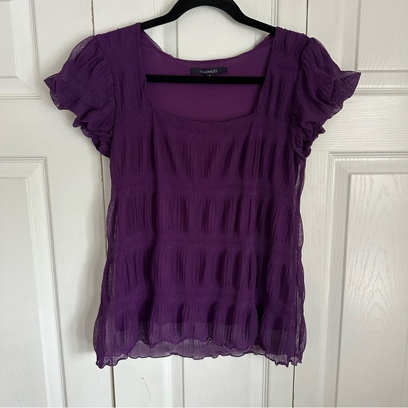 Chadwicks Womens Purple Mesh Overlay 3D Textured Smocked Top Sz S Corpcore Chic - Picture 2 of 11